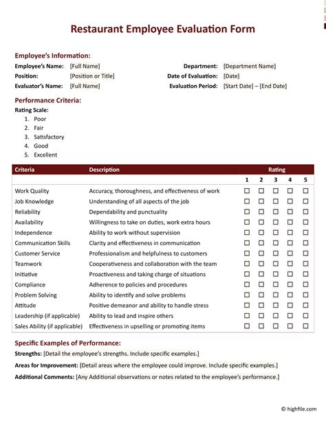 Restaurant Employee Performance Evaluation Template