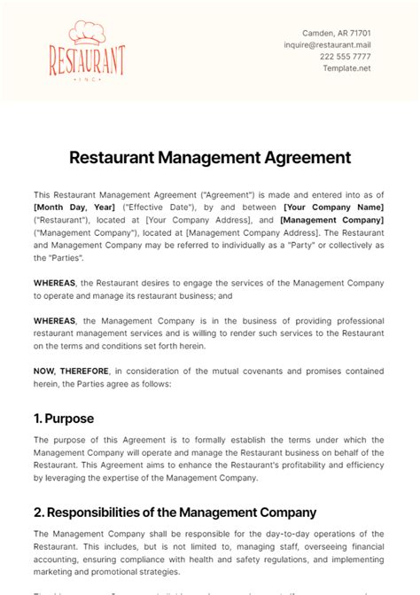 restaurant management agreement samples