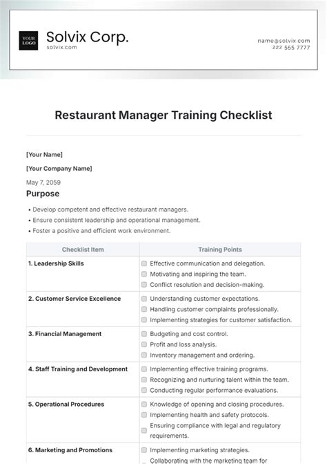restaurant manager training checklist