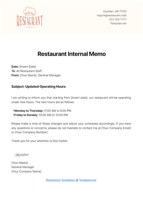 restaurant memo sample