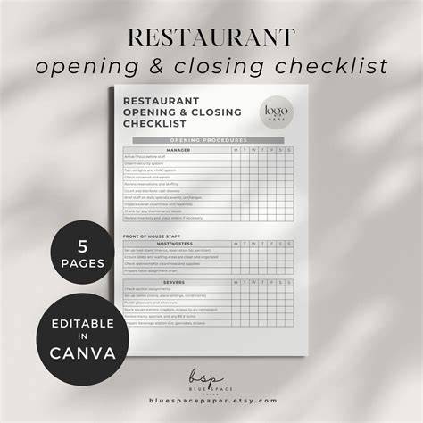 restaurant supervisor opening and closing checklist