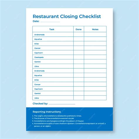 Restaurants Closing Sheet Template Bing