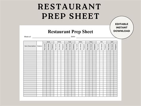 restaurants prep sheet template