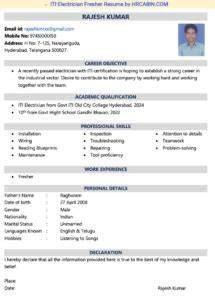 resume format for iti electrical
