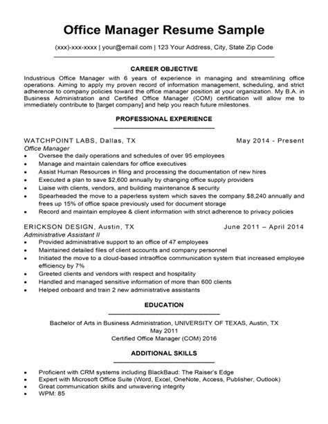 Resume Objectives For Office