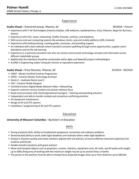 resume samples for audio visual technician
