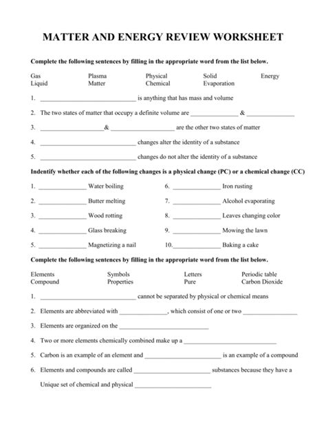 Review U 5 Matter And Energy Worksheet Live Matter And Energy Worksheet - Matter And Energy Worksheet