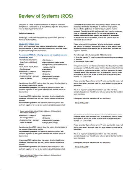 Read Online Review Of Systems Documentation Example 