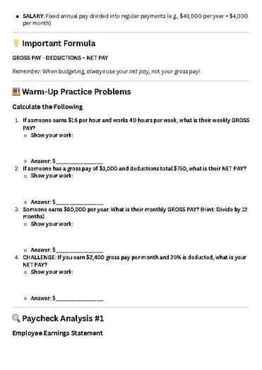 Reviewing Paychecks Answer Key