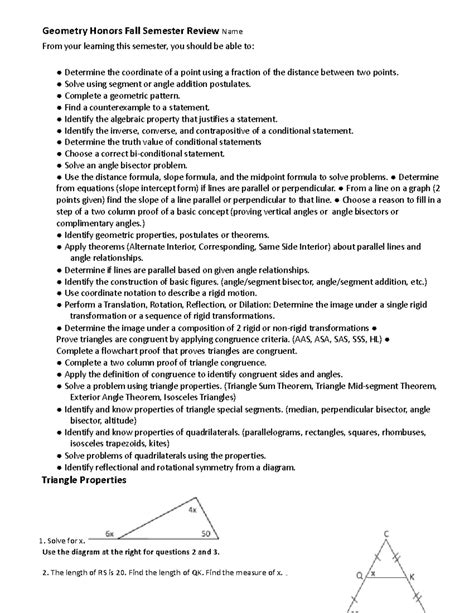 Revised Fall 2014 Geometry Honors Semester One Review