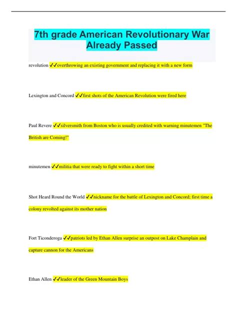 Revolutionary War 7th Grade Study Guide