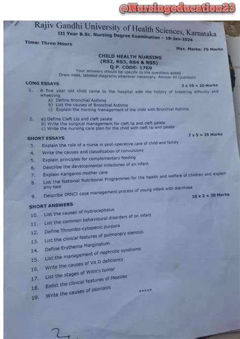 rguhs bsc question paper for paediatric nursing