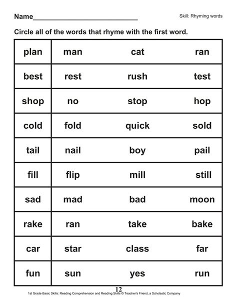 Rhyming Words 1st Grade Ela Worksheets And Answer Rhyming Words For 1st Standard - Rhyming Words For 1st Standard
