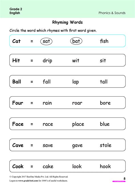 Rhyming Words 2nd Grade Ela Worksheets And Answer Second Grade Rhyming Worksheet - Second Grade Rhyming Worksheet
