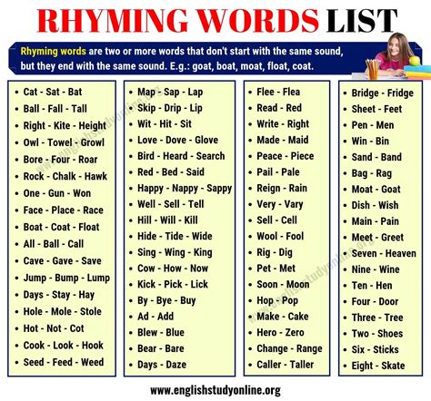 Rhyming Words List Of 300 Interesting Words That One Syllable Rhyming Words - One Syllable Rhyming Words