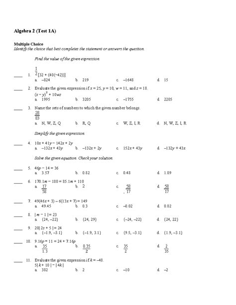Richmond Simulation Algebra 2 Test