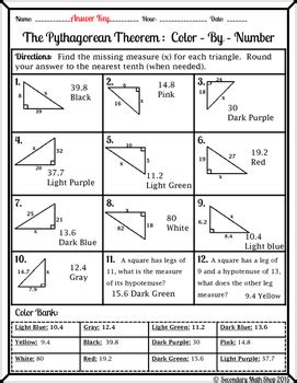 Right Triangle Pythagorean Theorem Color By Number Christmas Pythagorean Theorem Coloring Worksheet - Pythagorean Theorem Coloring Worksheet