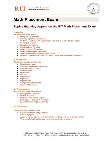 Rit Math Placement Exam