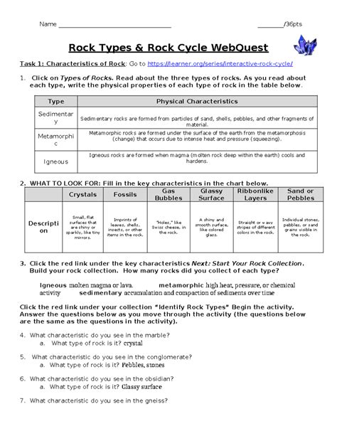 Rock Types Rock Cycle Webquest