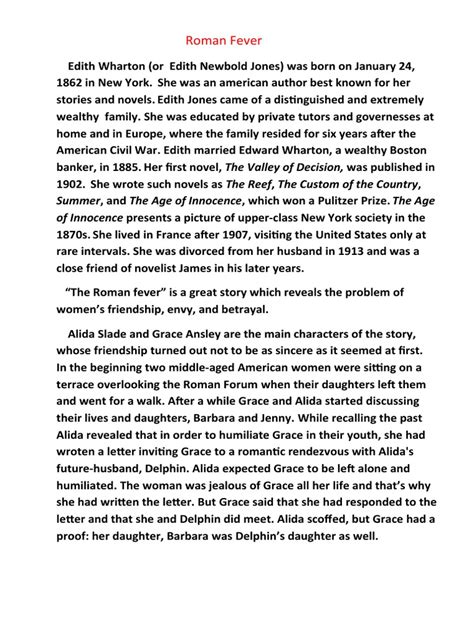 Roman Fever Summary Sparknotes