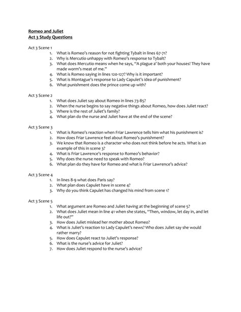 Read Romeo And Juliet Act 3 Scene 1 And 2 Questions And Answers 