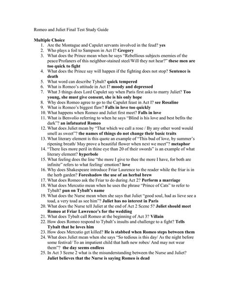 Read Romeo And Juliet Final Test Study Guide 