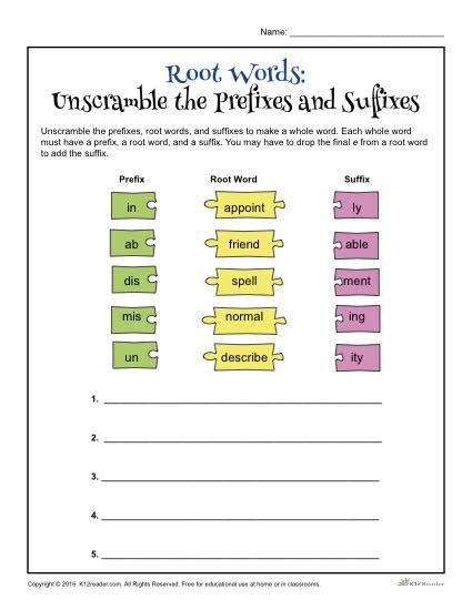 Root Words Unscramble The Prefixes And Suffixes Root Word Prefix Suffix Worksheet - Root Word Prefix Suffix Worksheet