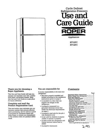Full Download Roper Refrigerator User Guide 
