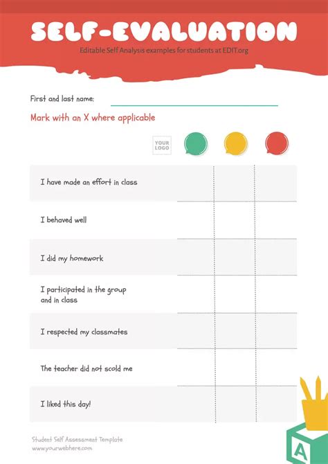 rubric for student self evaluation kindergarten