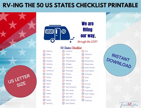 Rving The 50 United States Checklist Printable Travel Printable 50 State Checklist - Printable 50 State Checklist