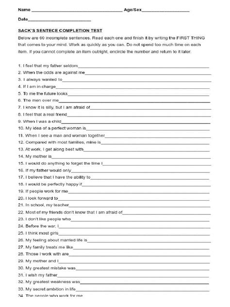 Sacks Sentence Completion Test