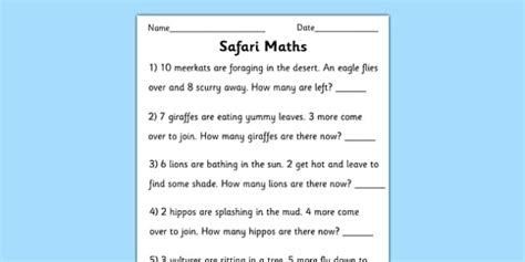 Safari Themed Maths Word Problems Worksheet To 10 Safari Math - Safari Math