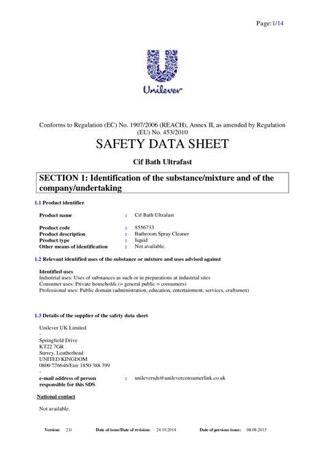 Safety Data Sheet Cif Floor Cleaner Ocean