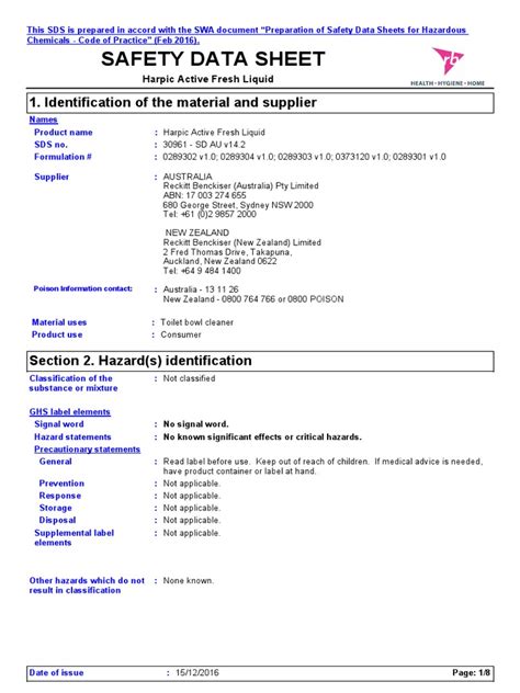 Safety Data Sheet For Harpic Toilet Cleaner