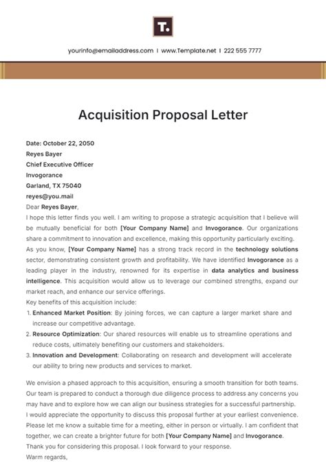 Sample Acquisition Offer Letter Template For Employee