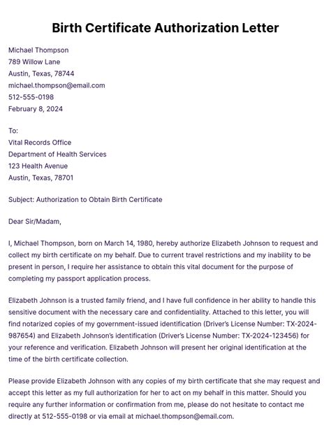 Sample Authorization Letter For Birth Certificate