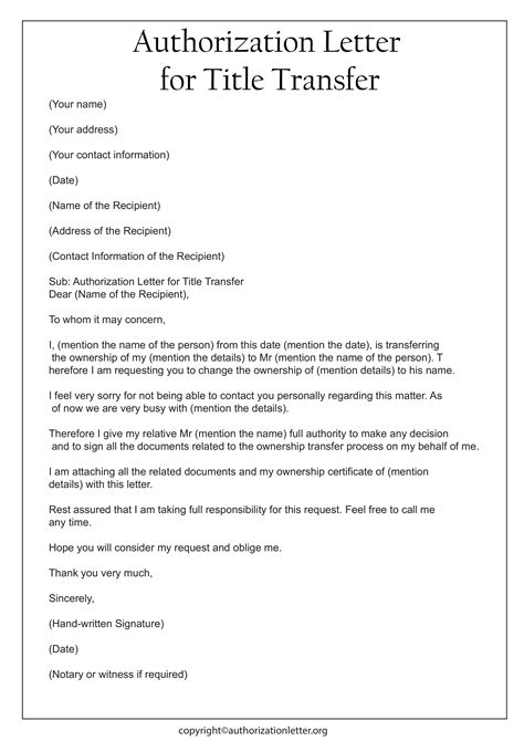 Sample Authorization Letter To Transfer Ownership