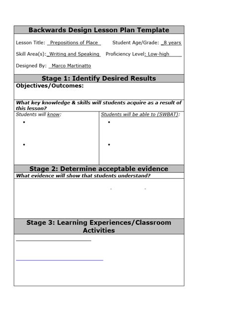 Sample Backward Design For Elementary