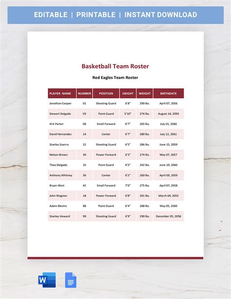 sample basketball team roster form