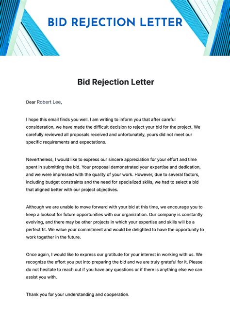 Sample Bid Rejection Letter To Vendor