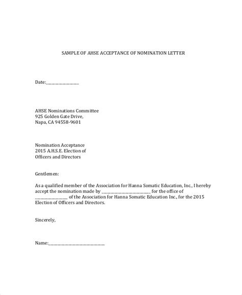 sample board nomination acceptance letter