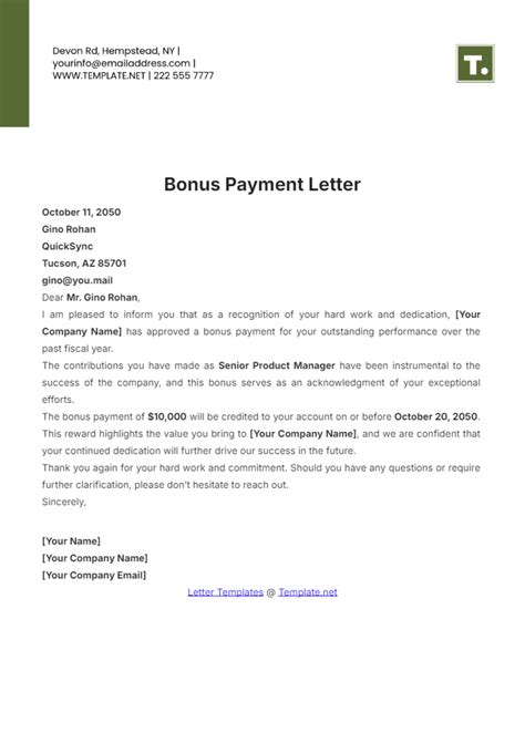 Sample Bonus Payment Letter