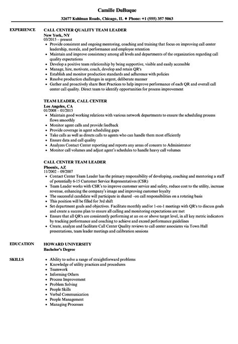 Sample Call Center Team Leader Resume
