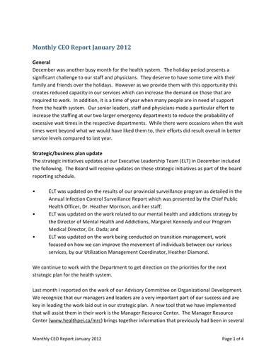 Sample Ceo Report To Board Of Directors