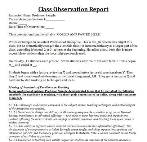 Sample Class Observation Form Report