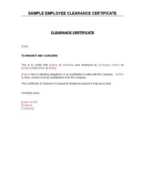 sample clearance certificate from previous employer