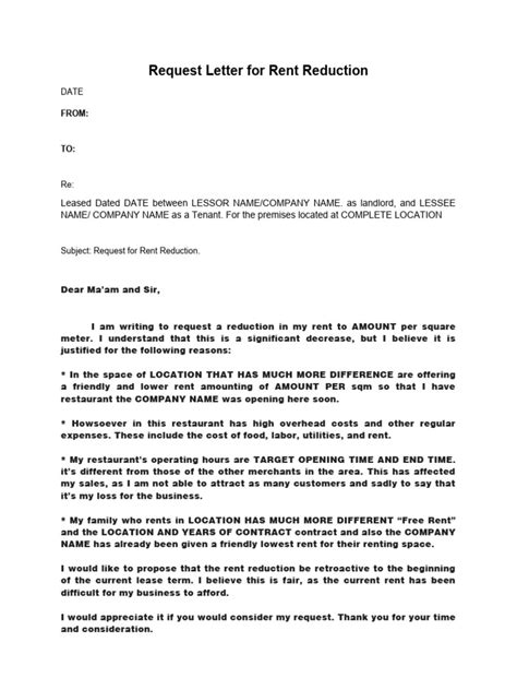 Sample Commercial Rent Reduction Request Letter