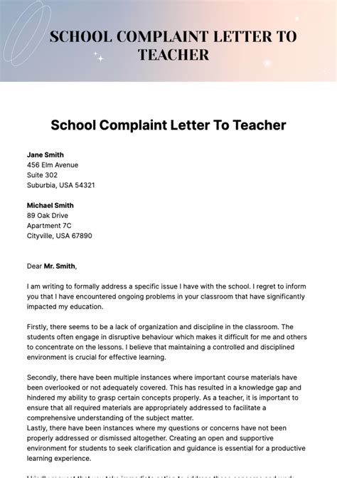 Sample Complaint Letter Against School Teacher
