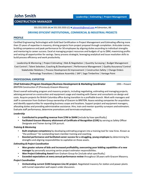 sample construction project manager engineer resume