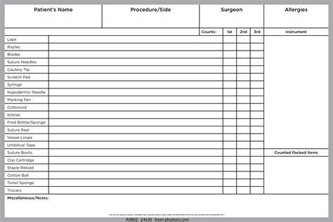 Sample Count Sheets Operating Room